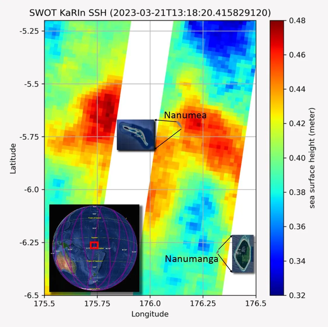 SWOT satellite data showing sea levels around Tuvalu